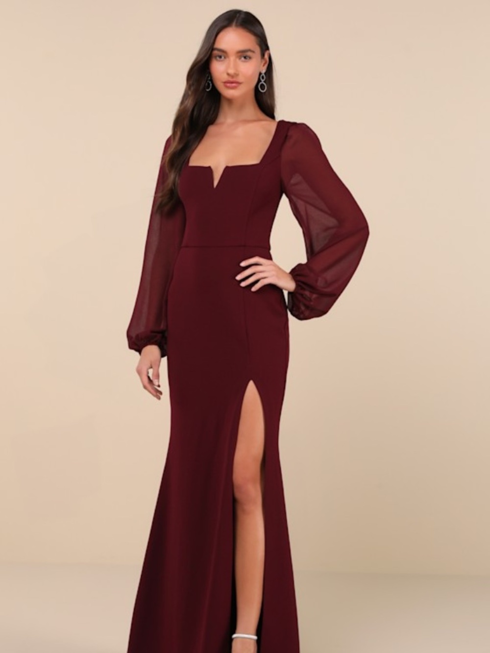 Lulus Composed Elegance Burgundy Balloon Sleeve Mermaid Maxi Dress Red - Size M